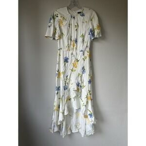 French Connection Emina Women's Tea Length Floral Cream Blue Yellow Dress Size 0